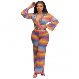 Blue Long Sleeve Deep V-Neck Striped Printed Fashion Jumpsuit Dress