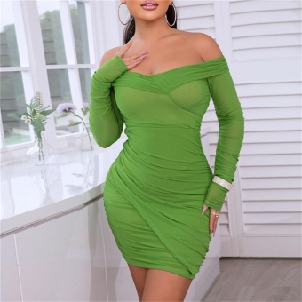 Green Long Sleeve Low-Cut Mesh Bodycon Mini Dress