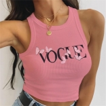 Pink Sleeveless Halter V-Neck Cotton Printed Tops