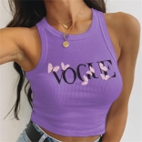 Purple Sleeveless Halter V-Neck Cotton Printed Tops