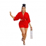 Red Seven Sleeve Deep V-Neck Fashion Women Short Sets