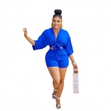 Blue Seven Sleeve Deep V-Neck Fashion Women Short Sets