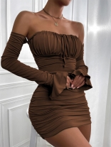 Coffee Long Sleeve Boat-Neck Off-Shoulder Bandage Pleated Mini Dress