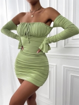 LightGreen Long Sleeve Boat-Neck Off-Shoulder Bandage Pleated Mini Dress