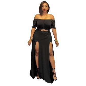 Black Short Sleeve Slit Off-Shoulder Women Long Dress