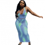 Blue Sleeveless V-Neck Printed 2PCS Women Midi Dress