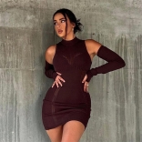 Brown Knitting Sexy Long Sleeve Bodycon Sexy Mini Dress