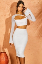 White Mesh Long Sleeve 2PCS Bodycon Midi Dress