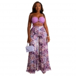 Purple V-Neck Off-Shoulder Halter Printed Women Fashion Jumpsuit