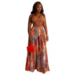 Khaki V-Neck Off-Shoulder Halter Printed Women Fashion Jumpsuit