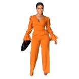 Orange Long Sleeve V-Neck Bandage Sexy Women Fashion Jumpsuit