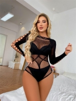 Black Long Sleeve Hollow-out Sexy Lingerie Rompers