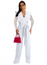 White Lace Long Sleeve Deep V-Neck Bodycon Fashion Women Jumpsuit