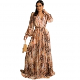 Khaki Long Sleeve V-Neck Printed Leopard Fashion Maxi Dress