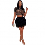 Black Short Sleeve Mesh Rhinestone Sexy Women Skirt Dress