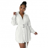 White New Fashion Pleated Long Sleeve Waist Closed Shirt Belt Dress