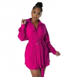 RoseRed New Fashion Pleated Long Sleeve Waist Closed Shirt Belt Dress