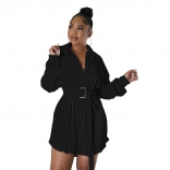 Black New Fashion Pleated Long Sleeve Waist Closed Shirt Belt Dress