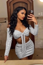 Silver Sequin Low-Cut Long Sleeve 2PCS Party Bodycon Mini Dress