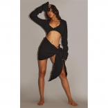 Black Long Sleeve Deep V-Neck High Elasticity Bubble Wrap Skirtsuit