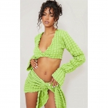 Green Long Sleeve Deep V-Neck High Elasticity Bubble Wrap Skirtsuit