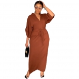 Brown Short Sleeve Deep V-Neck Fashion Belt Women T-Skirt