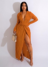 Yellow Long Sleeve Deep V-Neck Pleated Slit Sexy Women Maxi Dress