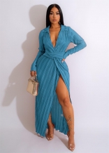 Blue Long Sleeve Deep V-Neck Pleated Slit Sexy Women Maxi Dress