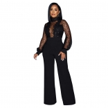 Black Mesh Sequin Long Sleeve Hollow-out Sexy Women Jumpsuit