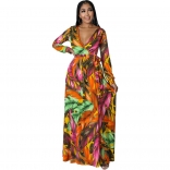 Orange Long Sleeve V-Neck Printed Fashion Women Slit Long Dress