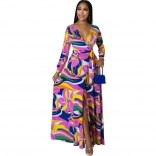 Pink Long Sleeve V-Neck Printed Fashion Women Slit Long Dress