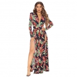 Red Long Sleeve Deep V-Neck Printed Slit Sexy Maxi Dress