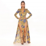 Yellow Long Sleeve Deep V-Neck Printed Slit Sexy Maxi Dress