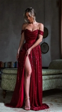 Red Off-Shoulder Sleeveless Low-Cut Sexy Sequin Evening Maxi Dress