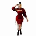 WineRed Long Sleeve Hollow-Out Bandage Women Sexy Mini Dress