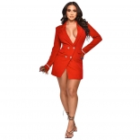 Red Deep V-Neck Long Sleeve Button Pocket Fashion Jacket