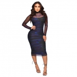 Blue Long Sleeve Mesh Printed Bodycon Midi Dress