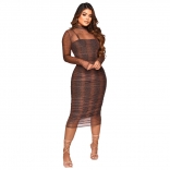 Khaki Long Sleeve Mesh Printed Bodycon Midi Dress