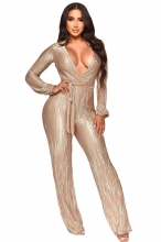 Gold Deep V-Neck Long Sleeve Pleated Silk Fashion Women Jumpsuit