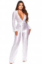 White Deep V-Neck Long Sleeve Pleated Silk Fashion Women Jumpsuit