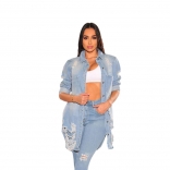 LightBlue Long Sleeve Jeans Fashion Women Coat