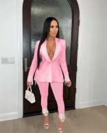 Pink Long Sleeve Button Tassels Sexy Women Catsuit Jumpsuit