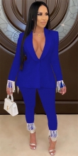 Blue Long Sleeve Button Tassels Sexy Women Catsuit Jumpsuit