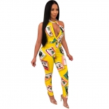 Yellow Sleeveless Printed Sexy Women Jumpsuit