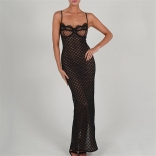 Black Sleeveless Halter Lace Lining Sexy Women Maxi Dress