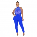 Blue Sleeveless Mesh Rhinestone Bodycon Women Sexy Jumpsuit Dress