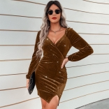 Khaki V-Neck Long Sleeve Fashion Beauty Women Party Dress