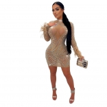 Beige Long Sleeve Mesh Rhinestone Bodycon Party Sexy Mini Dress