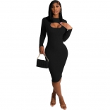 Black Long Sleeve Hollow-out Cotton Fashion Women Midi Dress