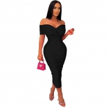 Black Off-Shoulder V-Neck Low-Cut Pleated Bodycon Sexy Women Midi Dress